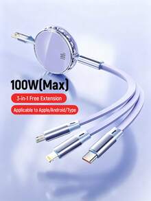 Data cable Kabel Pengisi Daya Cepat 3-in-1 100W (MAX) & Kabel Tiga-ke-Tunggal yang Dapat Ditarik, Kabel Data Pengisian Daya Kompatibel dengan iPhone 18/17/16/15/14/13/12/11 Pro Max/XS MAX/XR/XS/X/8/7 Plus/ dan Kompatibel dengan Seri , Kabel Pengisian Daya Efisiensi Universal Kompatibel dengan iPhone, Android, Adaptor Universal - MultiWarna - View 3