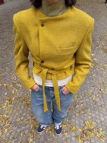 Women's Vintage Yellow Tweed Tie-Front Contrast Color Stand Collar Long Sleeve Polyester Fiber Autumn/Winter Coat - Mustard Yellow - View 7