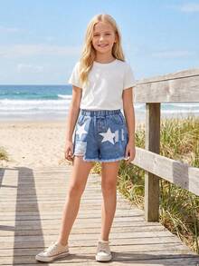 1pc Tween Girls Denim Shorts, Outdoor Daily Fashion Street Style Cool Vintage Versatile Star Distressed Frayed Denim Shorts - Medium Wash - View 8