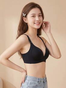 Women's Minimalist Solid Color Thin Wire-Free Push-Up Comfortable Bra, Full Coverage Seamless Bra With Side-Boob Support And Anti-Sagging, Suitable For Small Chests [Flat Chest Specialized] - Black - View 4