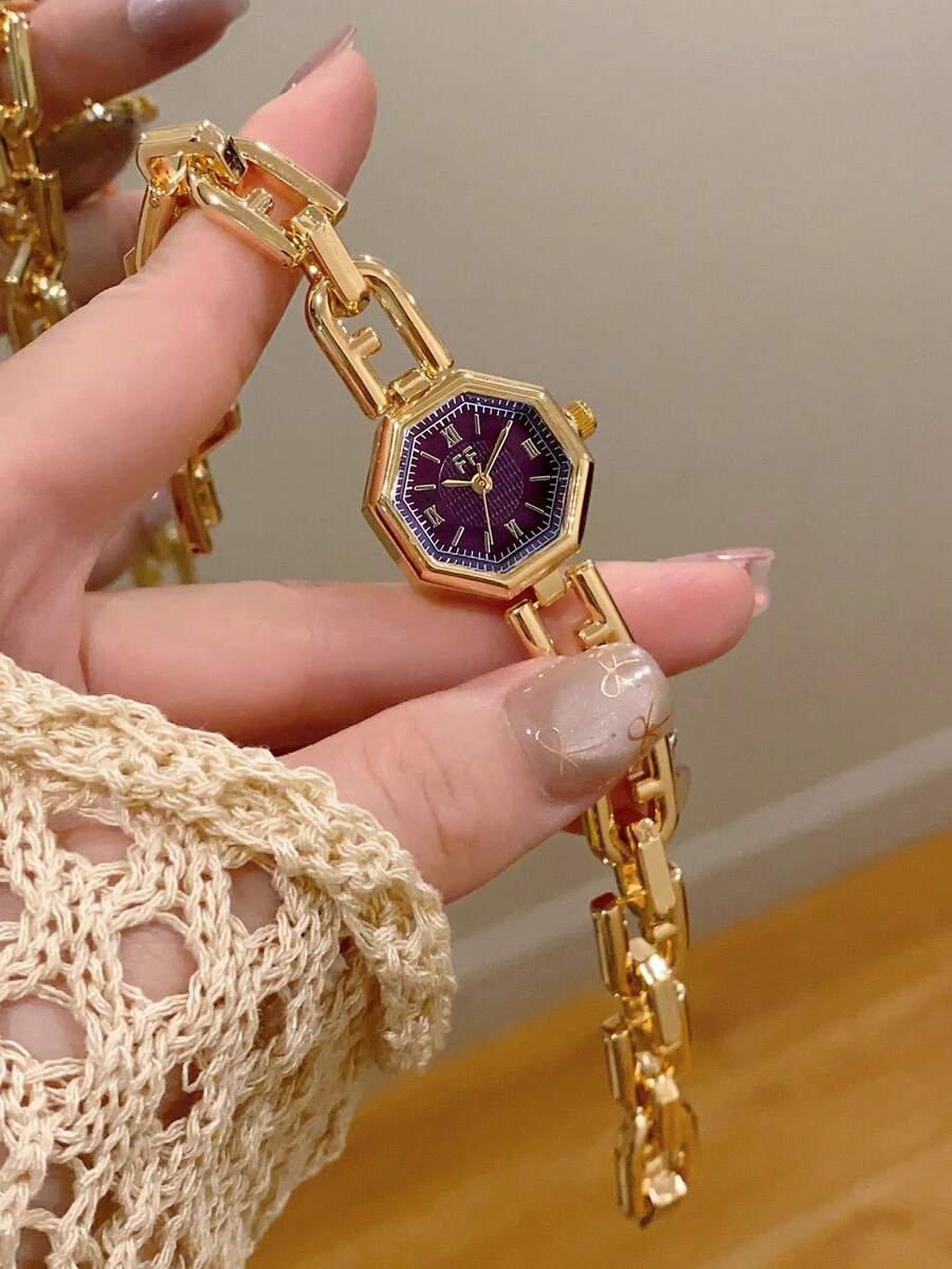 1件女款金色方形手鍊腕錶,精緻小巧時尚設計,適合日常配戴,生日/畢業禮物,休閒風格 - 金色 - 查看 1