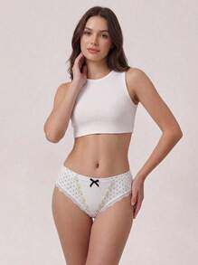 Aesletic Minimalist Cream White Polka Dot Ribbed Women's Comfortable Panties, Water-Soluble Floral Embroidery Bow Lace Trim Triangle Briefs - White - View 3