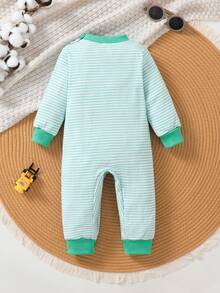 Baby Boy Spring/Autumn Fashion Striped Patchwork Contrast Color Crew Neck Long Sleeve Cute Car Embroidery Romper - Mint Green - View 3
