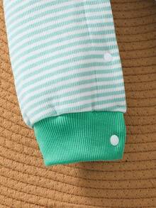 Baby Boy Spring/Autumn Fashion Striped Patchwork Contrast Color Crew Neck Long Sleeve Cute Car Embroidery Romper - Mint Green - View 7