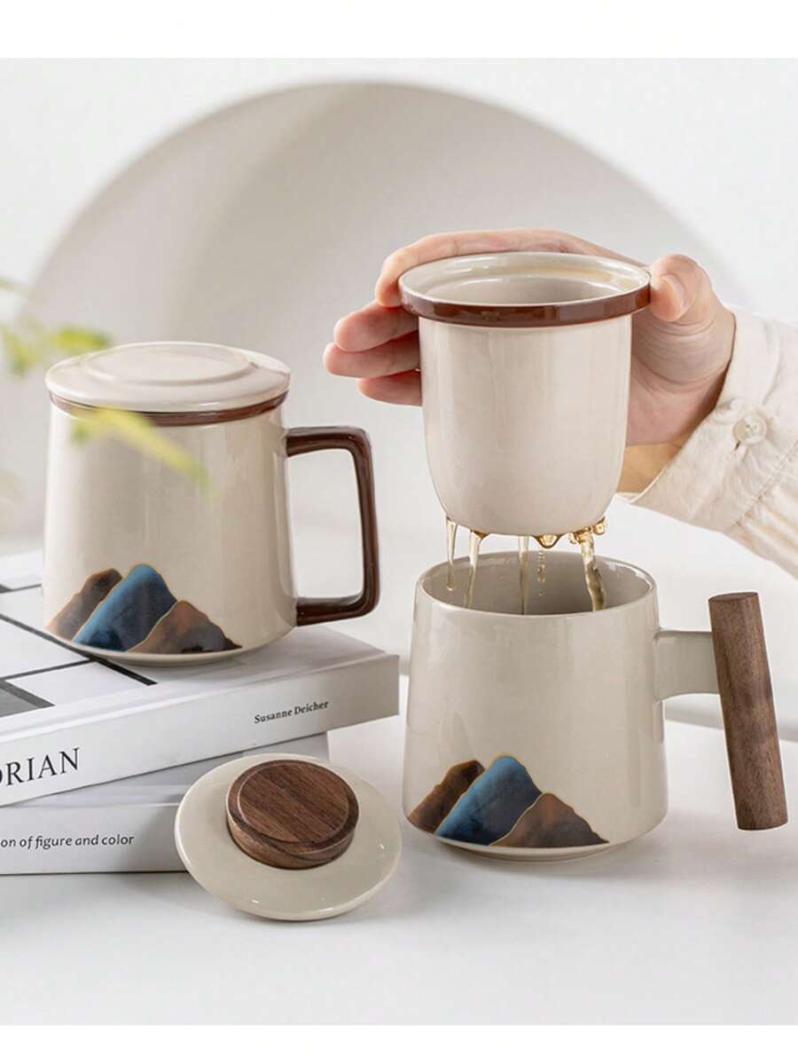Ceramic Tea Cup With Strainer, Ceramic Coffee Cup, Chinese Style Tea Cup, Large Capacity Insulated Cup, Bulk Purchase Available, Cute Style Tea Infuser Milk Tea Cup, Enamel Cup - Multicolor - View 1