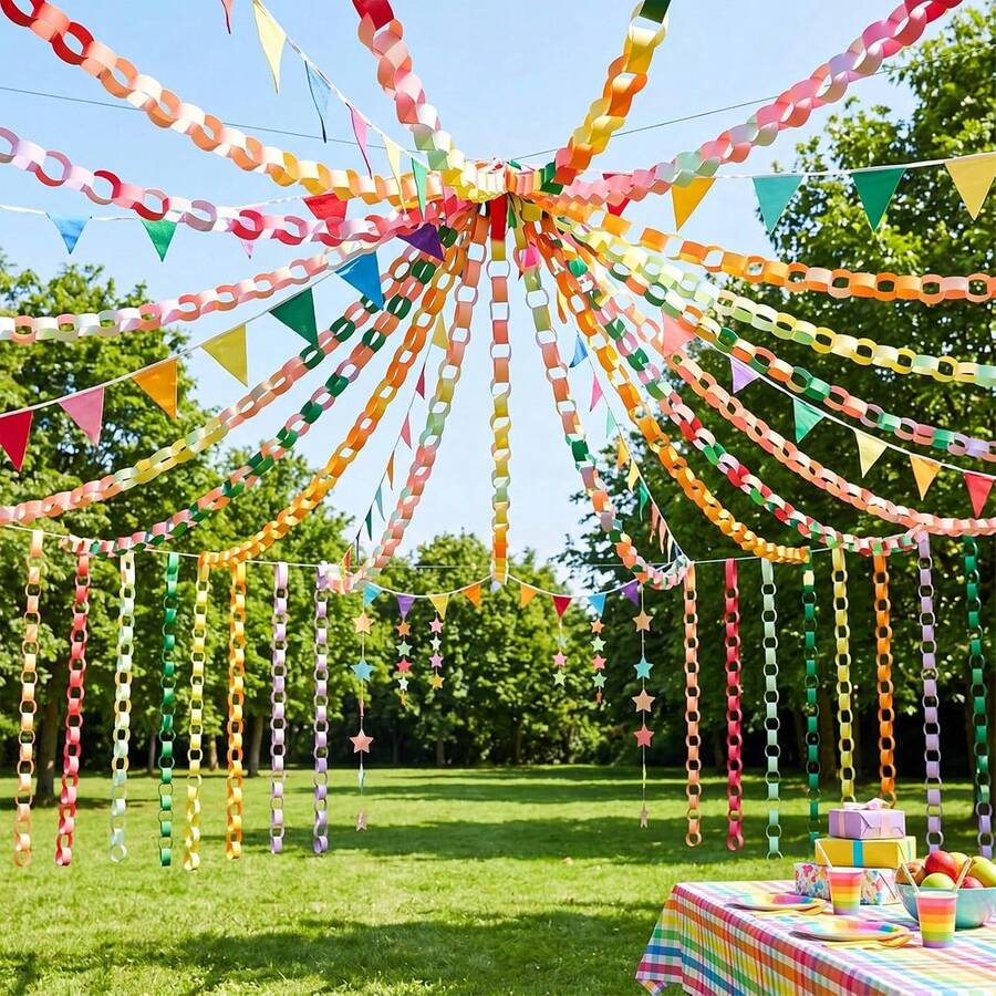 1 Set Chain & Star Garland Set, Rainbow Paper Chain And 52ft Gold Star Decoration, With 492ft Crepe Paper Tassel, Suitable For DIY Crafts, Pride Month, Birthday, Wedding Theme Party