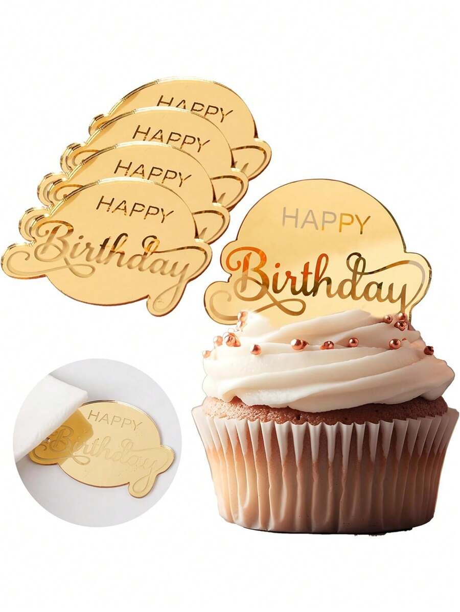 10/20pcs Gold Mirror Acrylic Birthday Cake Toppers, Birthday Party Cake Decoration, Cupcake Dessert Table Decor, Celebration Event Baking Accessories - A - View 1