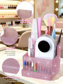 1pc Rhinestone Luxury Nail Tool Storage Organizer Box, Multi-Slot Nail Accessory Storage Container, Holds Nail Drill, Nail Files, Nail Brushes, Nail Drill Bits, Suitable For Nail Studio, Home Nail Desk Decoration Storage Rack - Multicolor - View 5
