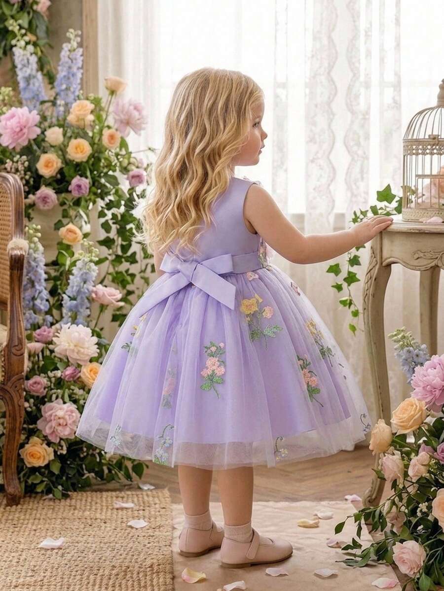 Baby Girls 3D Floral Embroidered Tulle Cute Princess Tutu Dress, Suitable For Party Flower Girl Dress, Headband Not Included - Mauve Purple - View 1