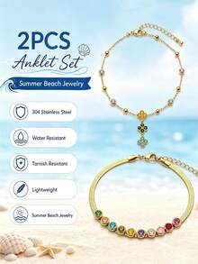 2 Peças Conjunto de Corrente de Pé de Dupla Camada Resort à Beira-Mar, Banhado a Ouro 18K em Aço Inoxidável, Cor Premium, Diamante, Corrente de Pé da Moda Feminina - Ouro 3 - Visão 3