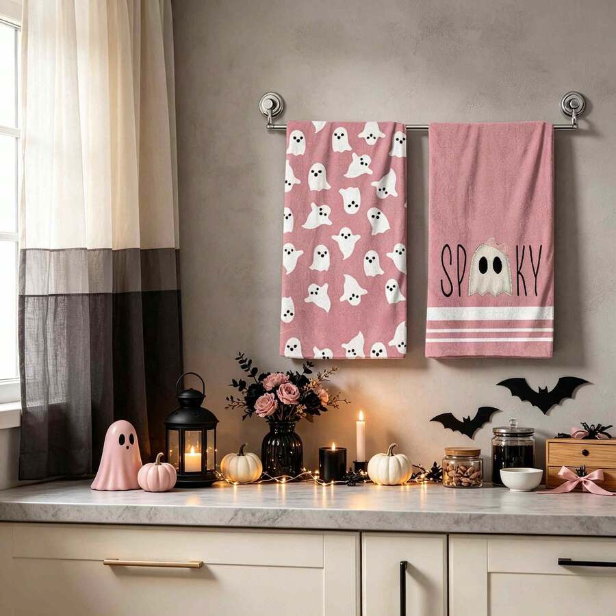 2/4/48pcs Halloween Series Pink Ghost Pattern Printed Kitchen Towels - Super Soft, Highly Absorbent Polyester Dishcloths And Hand Towels, Perfect For Holiday Decor, Kitchen Decor, Party Decor