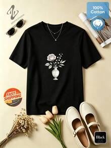 Vase Roses Romantic Pastoral Pure Cotton Short Sleeve Daily Dating Spring Summer Women's T-Shirt - 黑色 - 查看 2