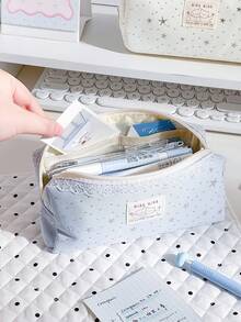 1pc Sweet Lace Fringe Pencil Case Decorated With Silver Stars, Large Capacity Girly Stationery Pouch, Smooth And Sturdy Zipper, Suitable For Daily Study Storage, Students, Office - Pencil Case - View 4