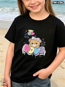 Cartoon Bear Print Children's Short Sleeved T-Shirt, Embellished With Heart Patterns, Cute Casual Summer Top, One Piece Customization - Black - View 3