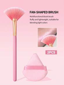 2PCS Pink Fan Highlight&Makeup Puff Set,For Precise Cheek Highlight & Blush,Full Face Setting & Powder Application - Pink - View 10