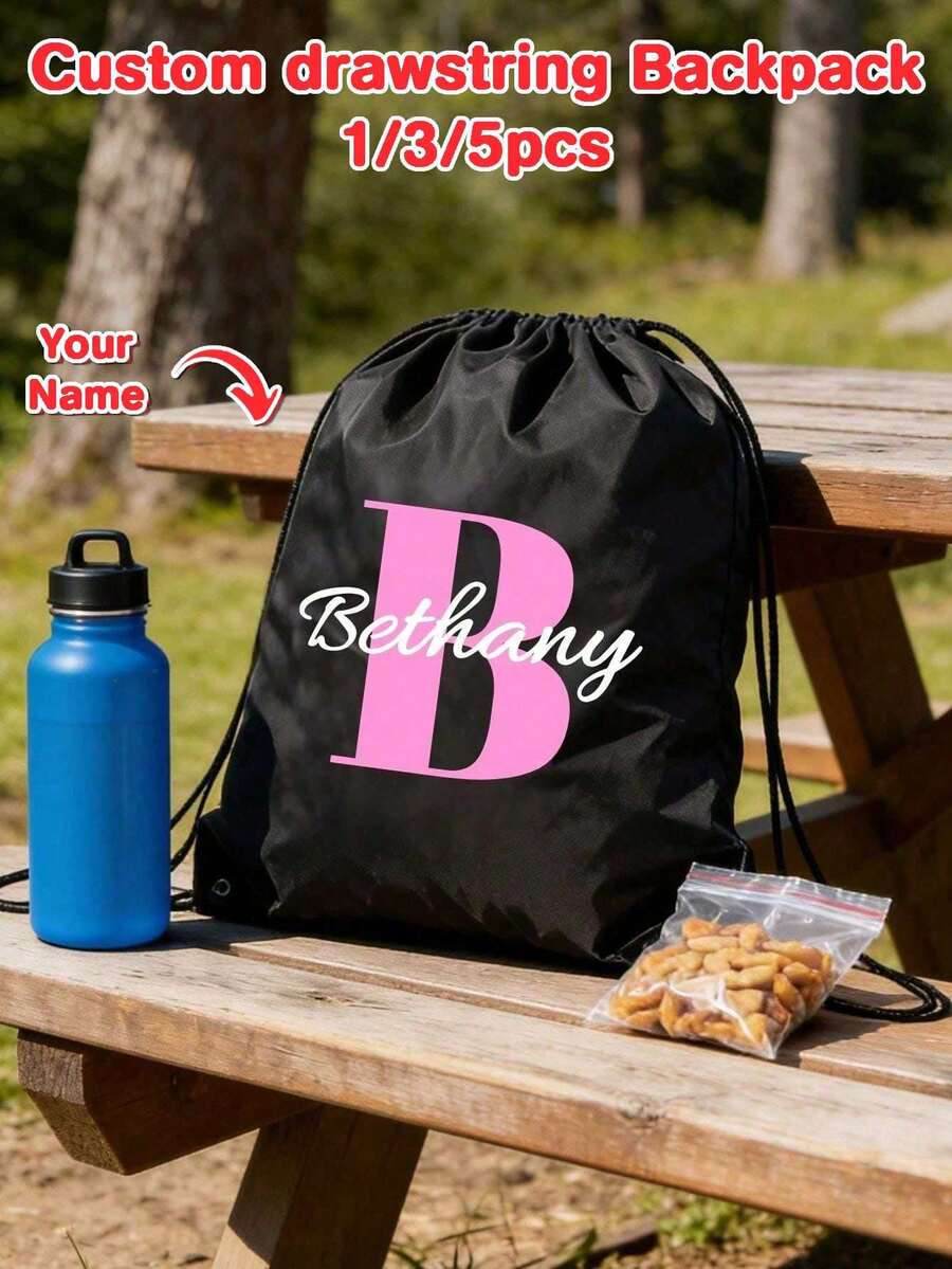 1/3/5pcs Personalized Custom Name Initial Drawstring Sports Backpack, Waterproof Lightweight Cinch Bag, Multiple Sizes & Colors, Suitable For School, Travel, Beach & Outdoor Activities, Perfect Graduation, Holiday & Back To School Sports Gift - Multicolor - View 1