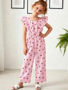 Mono informal de verano/primavera para niñas con rayas, lazo de cereza y volantes en la cintura - Rosa - Ver 2