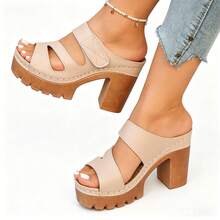 Women's High Heel Sandals Solid Color Hook And Loop Plus Size Wide Fit Lightweight Comfortable Chunky Heel Casual Commute Slip-On Sandals Slides Minimalist Summer Beach Style Slip-On Slides - Beige - View 7