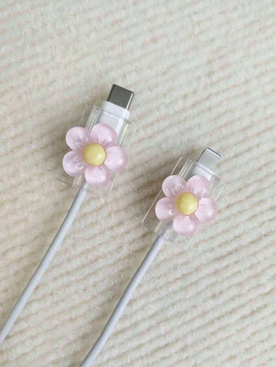 2件裝透明花朵充電頭保護套 - 粉色 - 查看 1