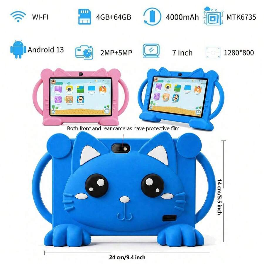 Tablet 7 inci dengan RAM 4GB + ROM 64GB / Prosesor Quad-Core 1.3GHz / Android 13 MTK8321 / Layar IPS HD 1280x800 / Kamera 2MP+5MP / Baterai 4000mAh / WiFi, Kontrol Orang Tua, Edukasi, Game / Bahan ABS + Silikon, Tablet Edukasi