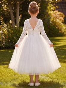 Tween Girl Hollow Back Pearl Long Sleeve Lace Contrast Mesh Flower Girl Wedding Party Evening Dress - White - View 1