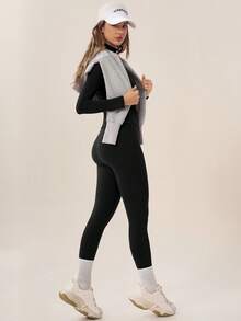 TimeOff Women's One Set Autumn/Winter Solid Color Stand Collar Slim Fit Long Sleeve Leggings Set - Black - View 6