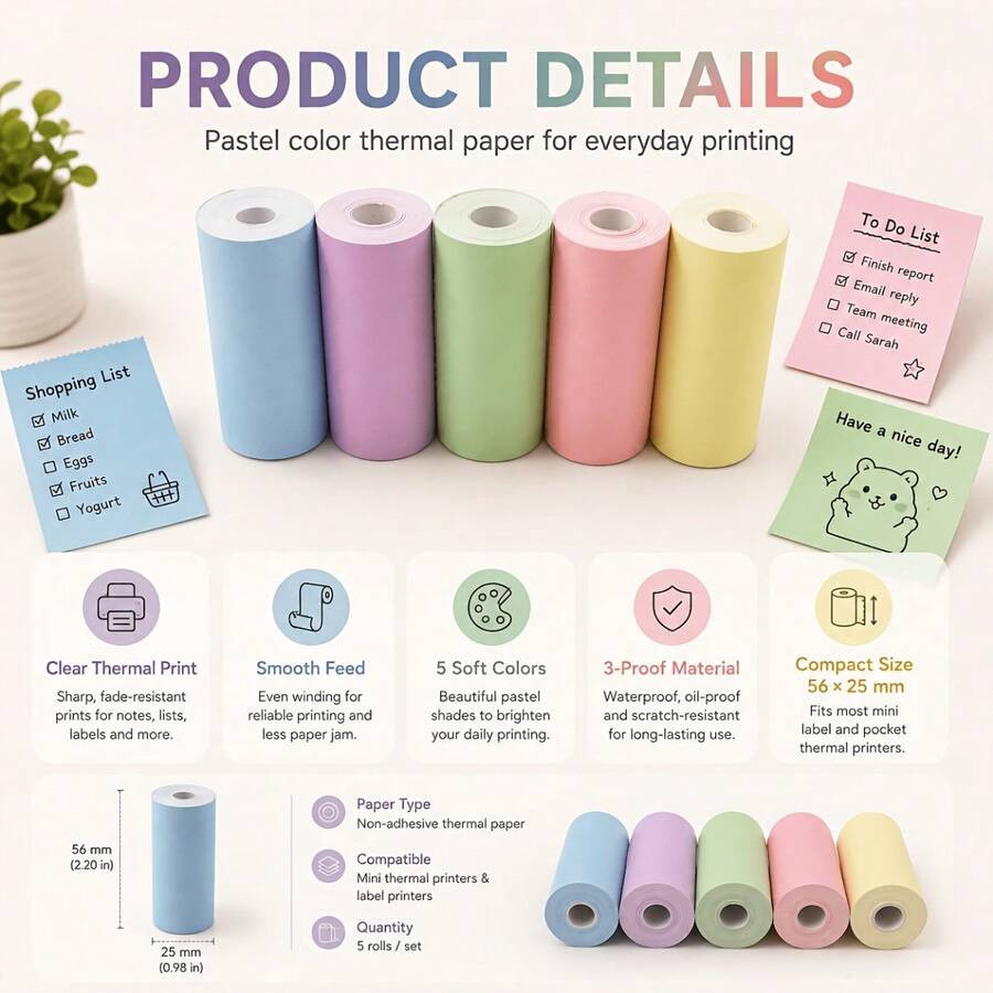 5 Rolls Colored 3-Proof Thermal Paper 56x25mm Labels For Office Business Home Use Mini Printers - View 1