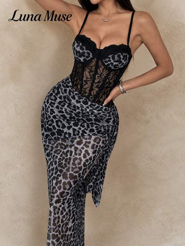 Luna Muse 1pc Leopard Print Floral Elegant Sexy Casual Party Mesh Sheer Lace Patchwork Backless Cup Detail Boning Seam Hollow Bodycon Skirt For Women, Beach Wedding Garden Formal Evening Street Stage Concert Bachelorette Party Holiday Daily Vacation Date Spring Summer Autumn