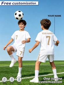 2pcs/Set All-Over Print Hollow Football Set, Personalized Name/Club Customization, Popular Jersey, 2pcs/Set Boys/Girls Football Set, Name Customization, Idol Customization, Short Sleeve Shorts Set, Suitable For/Girls Sports, Cycling, Outdoor Running, Football, Star Style Jersey Set, Moisture-Wicking - White - View 6