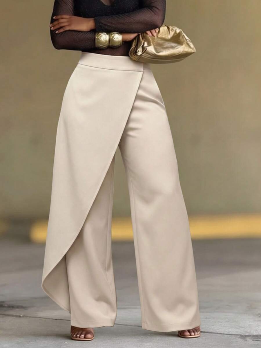 IGKEEL Spring Summer Autumn Women's Long Pants, Solid Color Single Leg Diagonal Double Layer Wide Leg Slimming Elegant Commute Business Long Pants, Suitable For Commute/Business/Office, Female Teacher Clothing - Rice - View 1