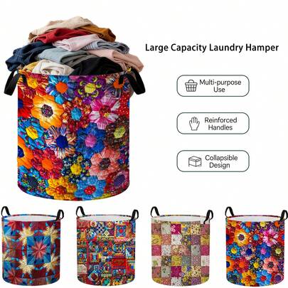 1pc 2D Patchwork Vintage Print Dirty Clothes Storage Bucket, Foldable Laundry Storage Bag, Perfect For Bedroom Dirty Clothes Storage And Laundry Room Use[Includes Stainless Steel Frame] 4 Styles Available