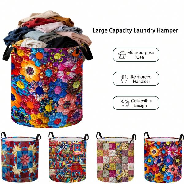 1 buah Ember Penyimpanan Pakaian Kotor Motif Vintage Patchwork 2D, Tas Penyimpanan Pakaian Kotor Lipat, Sempurna untuk Penyimpanan Pakaian Kotor di Kamar Tidur dan Ruang Cuci [Termasuk Rangka Stainless Steel] Tersedia 4 Gaya