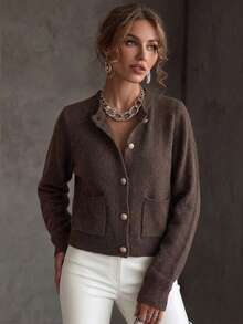 Autumn/Winter Commute Single-Breasted Long Sleeve Pocket Knit Cardigan, Versatile - Coffee Brown - View 4