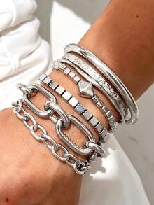 7pcs Vintage Punk Fashion Women's Chain Bracelet Set Suitable For Daily Wear, Vacation, Party, Layering - Silver - View 5