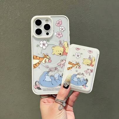 Miniso Winnie The Pooh Cherry Blossom Cute Magnetic Phone Case + Matching Pattern White Leather Magnetic Card Holder, Compatible With IPhone 17 Pro Max / 16 Plus / 15 / 14 / 13 / 12 / 11 / Xs Max, Galaxy S26, S25 Ultra, S24 Plus, S23FE, Galaxy S22 Series, Transparent Shockproof Design, Card Holder Also Functions As A Wallet Accessory, Holds 1 To 2 Cards, Case Includes Lanyard Hole, Samsung Phone Case