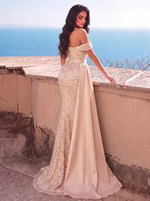 Haute Glamour Luxury Off-Shoulder Draped Side Slit Thigh Sequin Formal Party Dress - Champagne - View 3