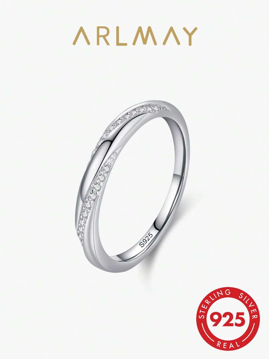 1 buah Cincin Perhiasan Pesta Fashion Wanita, Dapat Ditumpuk, Terbuat dari Perak Sterling 925 Murni dengan Zirkonia Murni, Hadiah