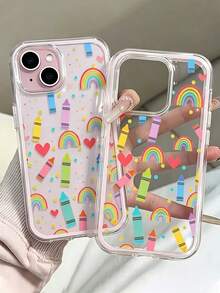 1pc Back To School Cute Crayon Rainbow Pattern Colorful Charming Protective Phone Case, Soft TPU Shockproof Anti-Drop Protective Cover, Suitable For IPhone 17 17Pro 17Promax 17 16Promax 16 15 14 13 12 11 And Other Models, Back To School Protective Cover, Perfect For Easter And Christmas Holidays, Great Birthday Gift For Friends/Family Or Yourself - Pink - View 1