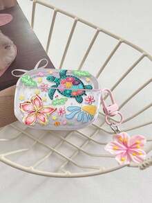 Shockproof Soft Shell Flower Sea Turtle Painted Transparent Additional Bracelet Fashion Bluetooth Earphone Case With Cute Pink Cherry Blossom Keychain For Airpods 4 3 1/2 Pro3 Pro/Pro2 - Multicolor - View 26
