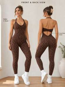 Women's Leopard Print V-Neck Halter Neck Sports Jumpsuit, High Elastic Ribbed Slim Fit Yoga Outfit, Slimming One-Piece Workout Suit Summer - Coffee Brown - View 1