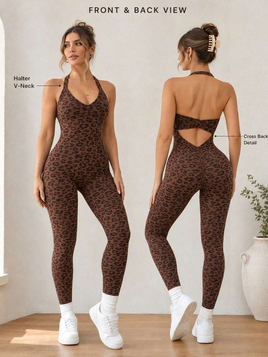 Women's Leopard Print V-Neck Halter Neck Sports Jumpsuit, High Elastic Ribbed Slim Fit Yoga Outfit, Slimming One-Piece Workout Suit Summer - Coffee Brown - View 1