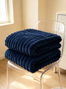 1pc Luxury Double-Sided Faux Rabbit Fur Blanket - Comfortable Striped Flannel, Soft & Warm, Suitable For Napping, Office, Camping, Sofa - Multi-Functional Polyester Bedspread, Christmas Gift - Dark Blue - View 7