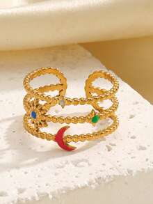 RAYQUEEN 1pc Stainless Steel Fashion Versatile Star & Moon Open Ring For Women, Suitable For Daily Wear - open ring - View 5