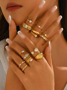1pc Niche Premium Versatile Square Long Rhinestone Ring, Heart-Shaped Mother Of Pearl Ring, Marquise Zirconia Ring, Thin Pave Ring And More Styles Adjustable Index Finger Ring, Commute Date Elegant Layering Accessory, Exquisite Jewelry Gift For Best Friend And Girlfriend - Yellow Gold - View 12