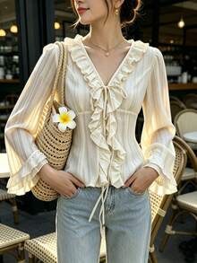 Blus Wanita Elegan Romantis Vintage Fashion untuk Perjalanan, Bergaris, Bertekstur Chiffon Jacquard Tulle, Leher V, Plaket Berkerut, Lengan Panjang, Gaya Bohemian yang Mengalir, Atasan Serbaguna Sempurna untuk Musim Semi dan Gugur - Aprikot - View 4