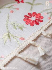 Bubaba Boho Floral Embroidered Sheer Curtain Panels With Tassel Trim, Linen-Look Semi-Sheer Window Drapes For Living Room, Bedroom And Farmhouse Home Decor - Beige - View 8