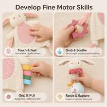 2Pcs Cute Rabbit Baby Comfort Gift Set, Soft Plush Bunny Security Lovey Blanket & Bead Hand Shaker Rattle, Infant Sensory Calming Toy, Ideal Newborn Shower Gift - Multicolor - View 6