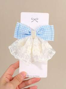 2 pièces pinces à cheveux à nœud en dentelle à carreaux bleus avec décoration de fleur en tulle et grappe de perles, accessoires capillaires doux et mignons pour mariage et usage quotidien pour filles - Multicolore - Voir 3