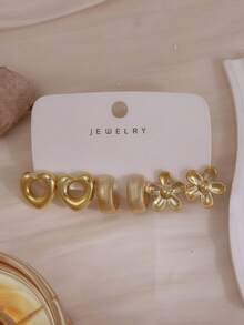 6-24pcs Gold Fashion Elegant Women's Earrings Set, Heart, Stripe, Flower, Flower, Hoop, Water Drop, Hollow Lace Design, Suitable For Summer Outings - Gold - View 2