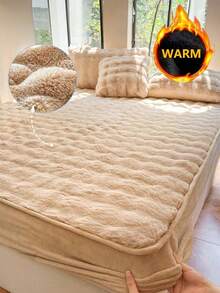 1pc Khaki Faux Rabbit Fur Fitted Sheet, Bedding, Mattress Cover, Comfortable Warm Breathable, Minimalist Style Home Textile, Soft Anti-Pilling, Skin-Friendly Plush Fitted Sheet, Pillow And Pillowcase Not Included, Home Decor - Khaki - View 1